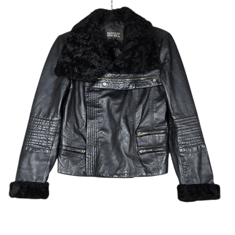 Badgley Mischka Leather Moto Jacket Womens XS Black Real Lamb Fur Collar Cuffs